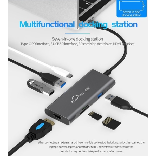 Thunderbolt till USB med 3 Portar + HDMI + USB-C Adapter Macbook Mörkgrå