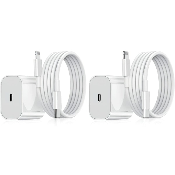 2-Pak - iPhone Oplader Adapter+Kabel 20W USB-C Hurtig White one size