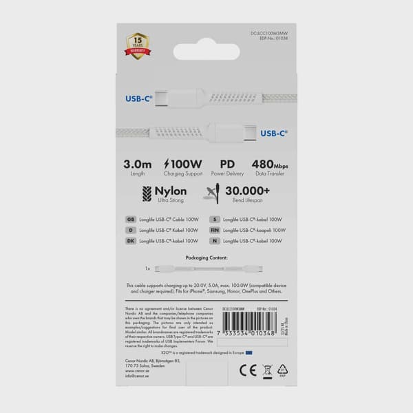 X2O Longlife 100W USB-C/C-kabel 3 m vit