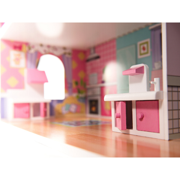 MDF-dockhus i trä + möbler 70 cm rosa LED