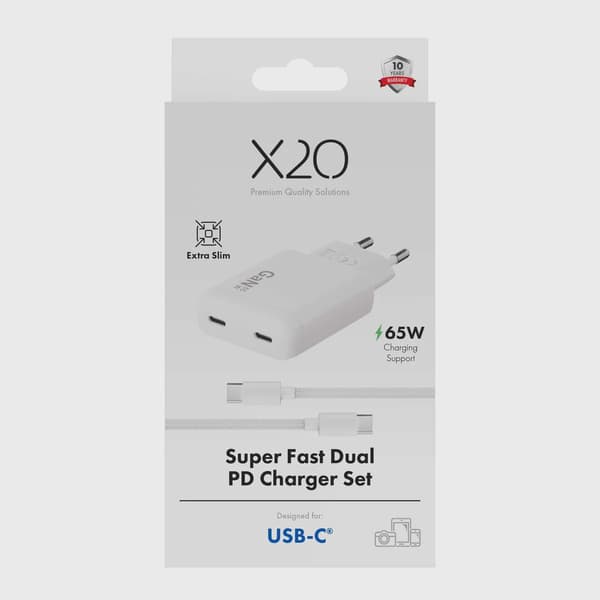 X2O 65W Dual SLIM hemmaladdarset USB-C/C GaN 1.5m vit