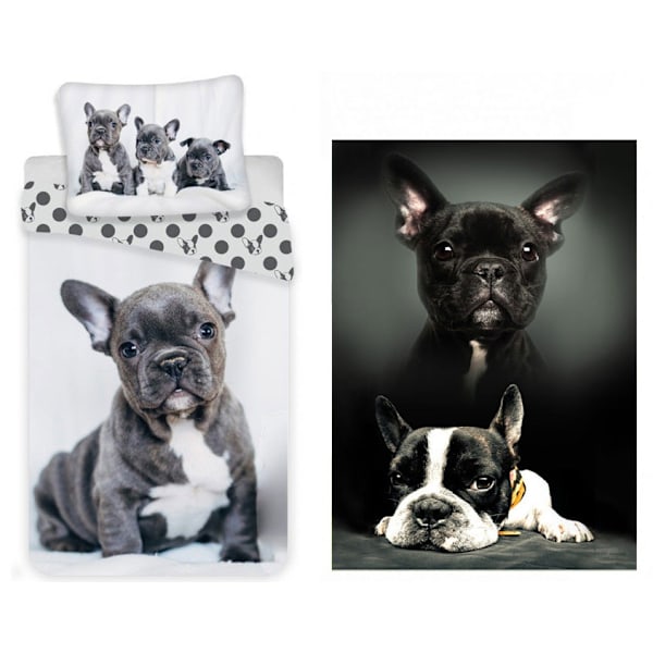 Sängset med franska bulldogar och polarfiltset