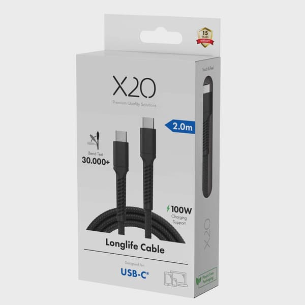 X2O Longlife 100W USB-C/C-kabel 2 m svart