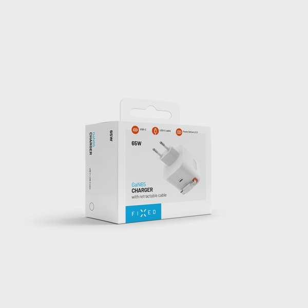 FIXED Supersnabb dubbel USB-C-laddare med utdragbar kabel 65W Vit