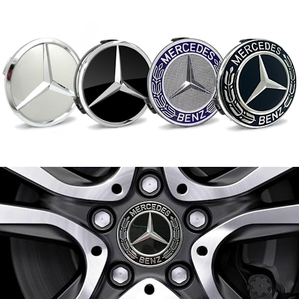 4-Pack - Mercedes-Benz Centrumkåpor / Hjulnav Emblem - Bil 75mm BENZ Svart