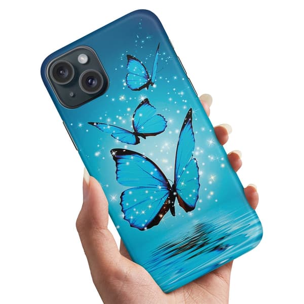 Cover / Mobilcover til iPhone 15 - Glitrende Sommerfugle