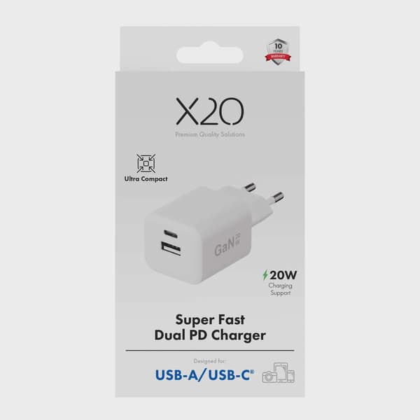 X2O 20W dubbel hemmaladdare USB-C/A GaN vit