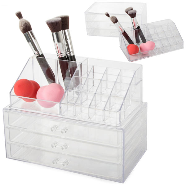 Makeupholder / Holder til Makeup - 16 rum & 3 skuffer Transparent