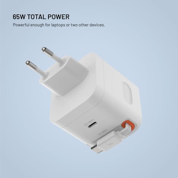 FIXED Supersnabb dubbel USB-C-laddare med utdragbar kabel 65W Vit