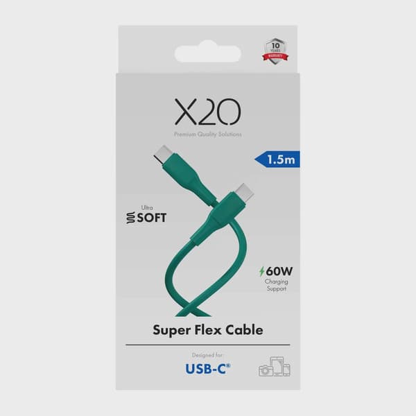 X2O SUPERFLEX 60W USB-C/C-kabel 1,5 m turkosgrön