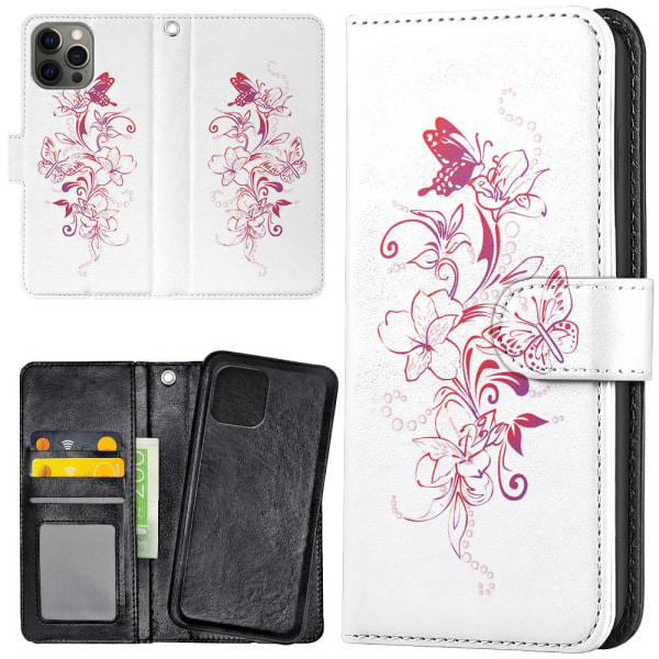 iPhone 13 Pro Max - lompakkokotelo kukkia ja perhosia Multicolor