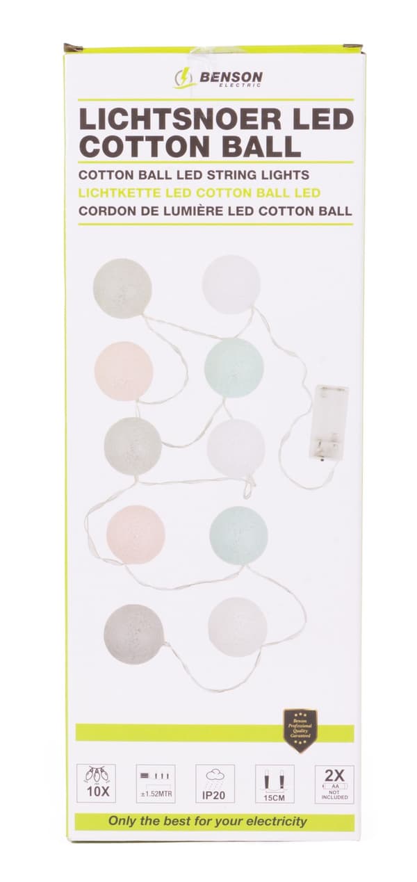 Ljusslinga bomullsbollar LED 10 st 1,52 m 2×AA
