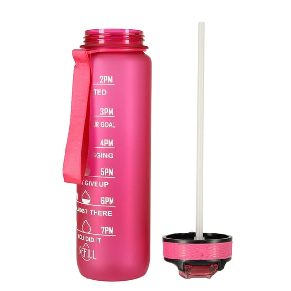 Vattenflaska med Sugrör & Tidsmarkör - 1L Rosa