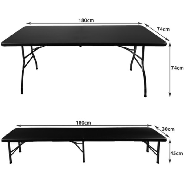Sammenklappeligt havebord 180 cm + 2 bænke - sort