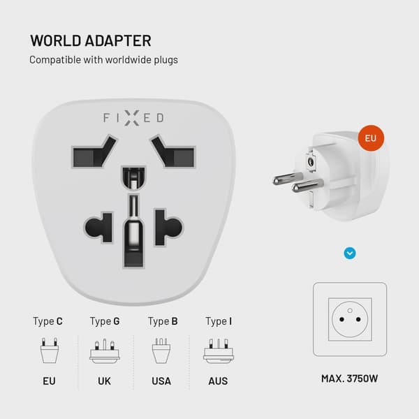 FIXED Reseadapter Schuko EU/Världen Vit
