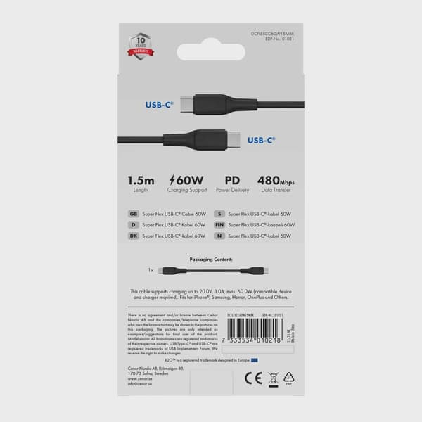 X2O SUPERFLEX 60W USB-C/C-kabel 1,5 m svart