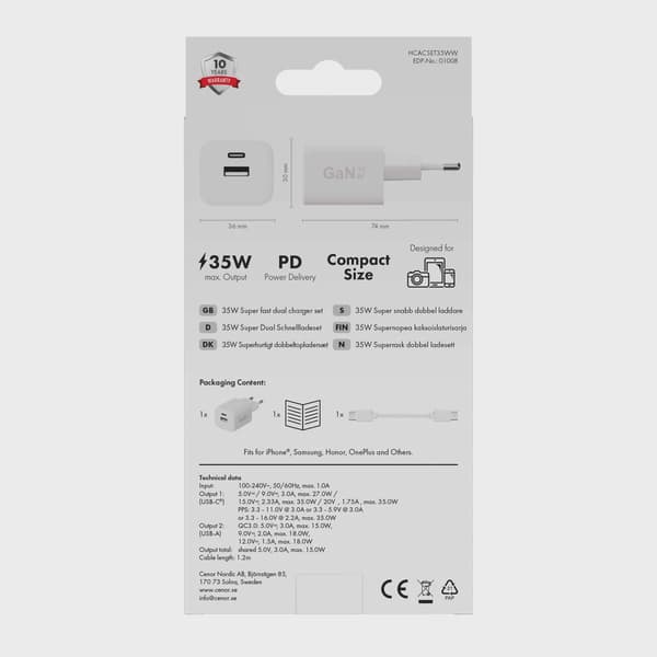 X2O 35 W dubbel hemmaladdarset USB-C/A med 1,2 m kabel GaN vit