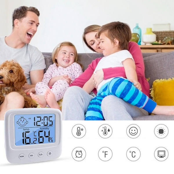 Hygrometer, Termometer & Klokke - 3-i-1 White