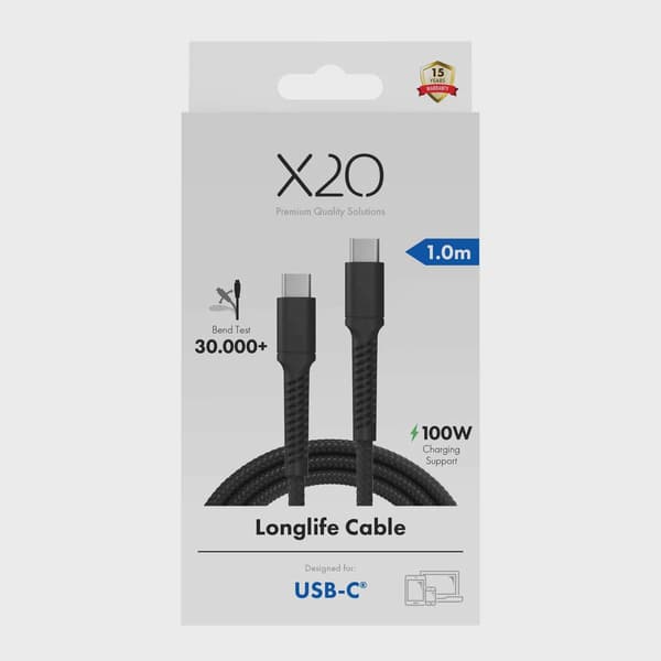 X2O Longlife 100 W USB-C/C-kabel 1 m svart
