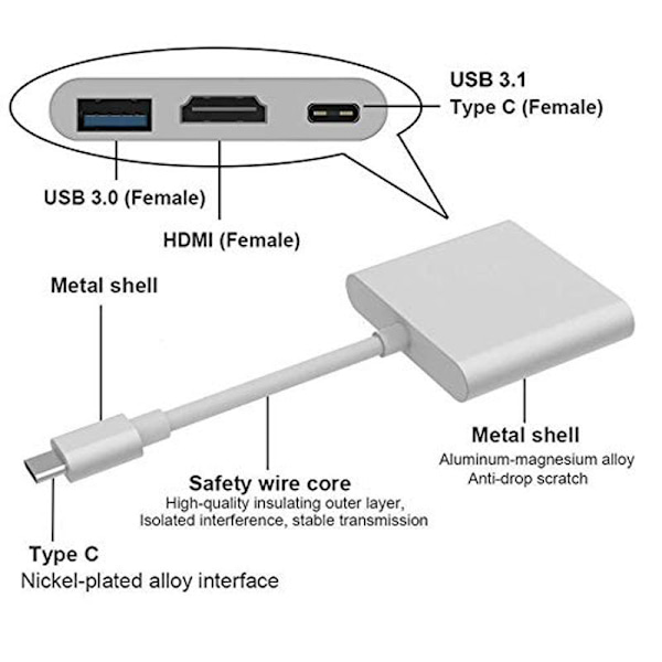 USB-C Adapteri - HDMI & USB 3.0 Silver