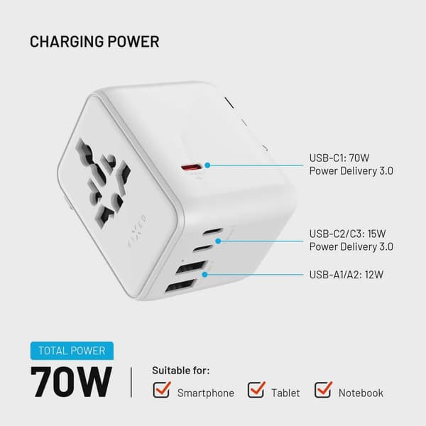 FIXED Reseladdare USB-C/-A 70W EU/Storbritannien/USA/Australien Vit