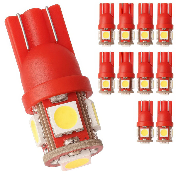 10-Pak - T10 W5W Røde Diodelamper - Bil LED-Lys Red