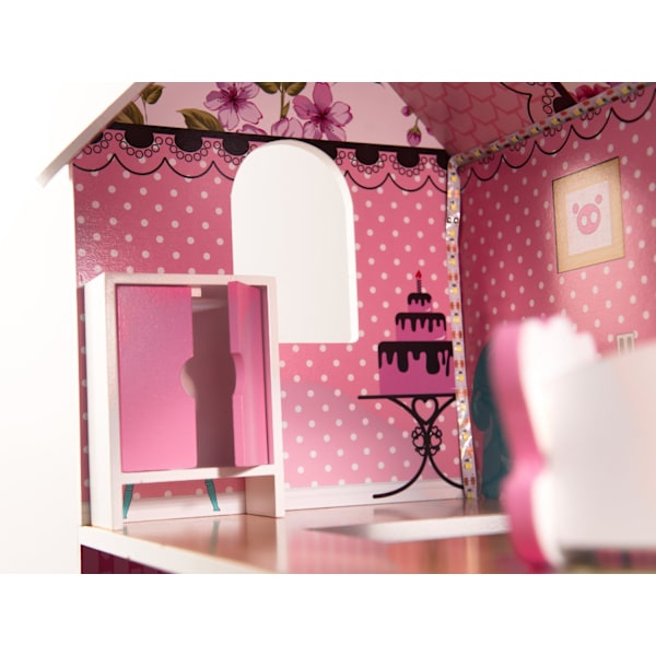 MDF-dockhus i trä + möbler 70 cm rosa LED