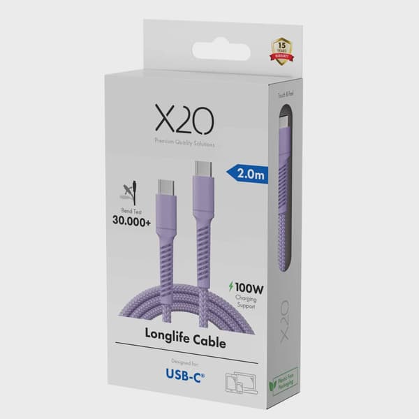 X2O Longlife 100W USB-C/C-kabel 2 m lavendel