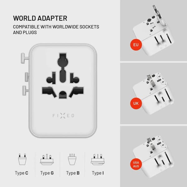 FIXED Reseladdare USB-C/-A 70W EU/Storbritannien/USA/Australien Vit