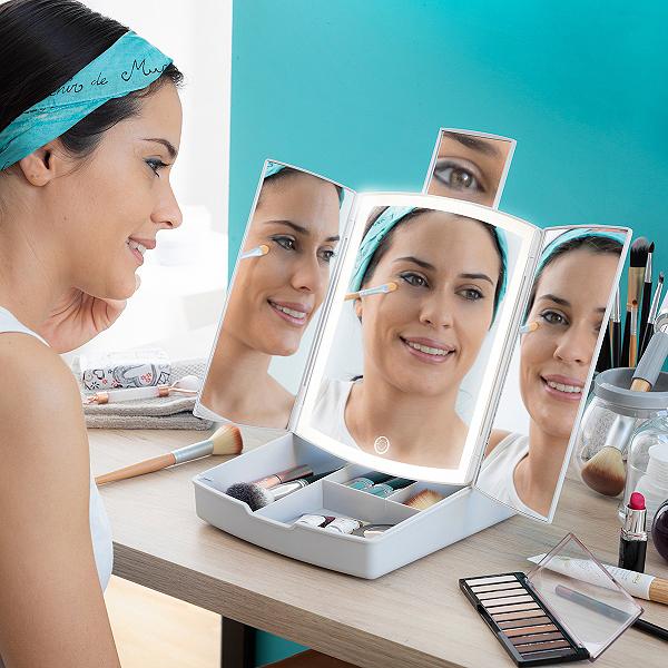 3-i-1 Makeup Spejl LED & Opbevaring-Spejl til Makeup-Makeup Bord White