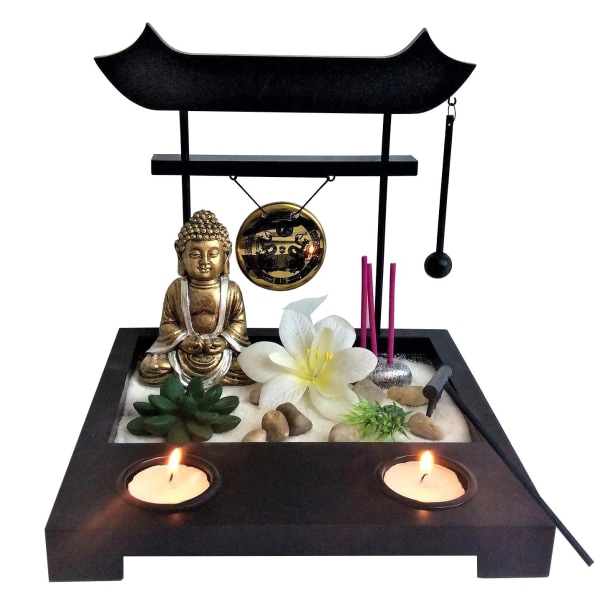 Zen Buddha Bordsdekoration med Ljushållare - Trädgårdsdekoration Svart