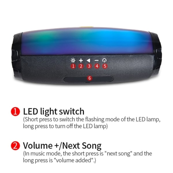 Bluetooth Høyttaler med LED - Trådløs - Svart Black