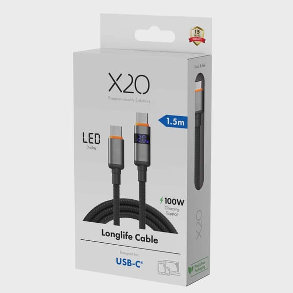 X2O Longlife LED-display 100W USB-C/C-kabel 1,5 m svart