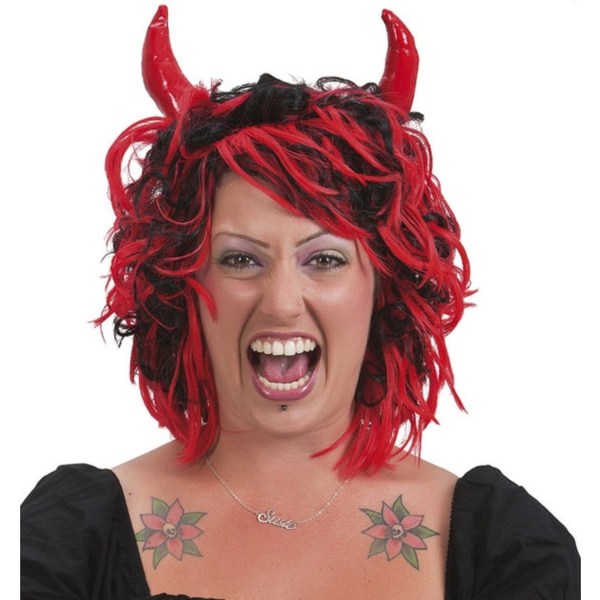 2-Pack - Sort & Rød paryk med horn - Halloween & Maskerade one size