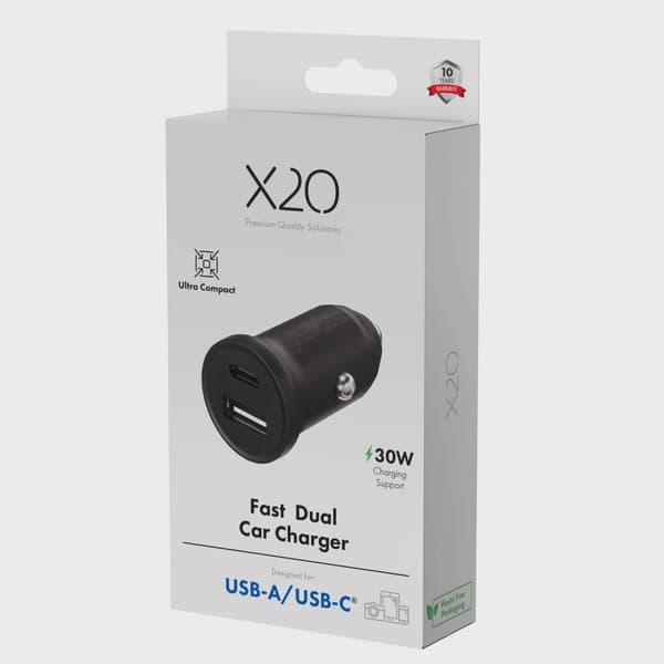 X2O 30W dubbel billaddare USB-C/A svart