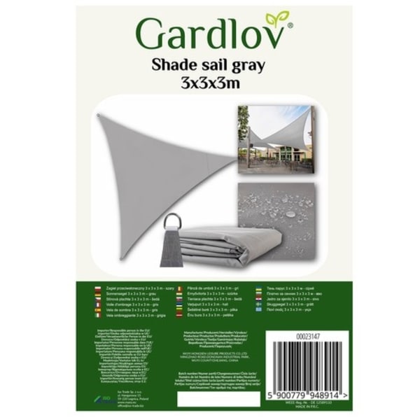 Solseil / Seglduk - Vanntett - 3x3x3 m - 180g/m2 Grey