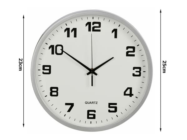 Väggklocka stor, beröringsfri, tyst, 25 cm rund, sekundvisare Silver