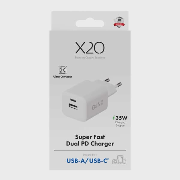 X2O 35W dubbel hemmaladdare USB-C/A GaN vit