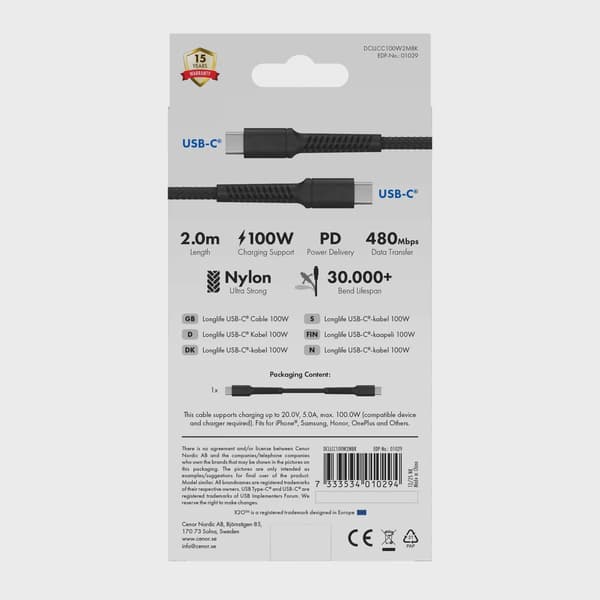X2O Longlife 100W USB-C/C-kabel 2 m svart