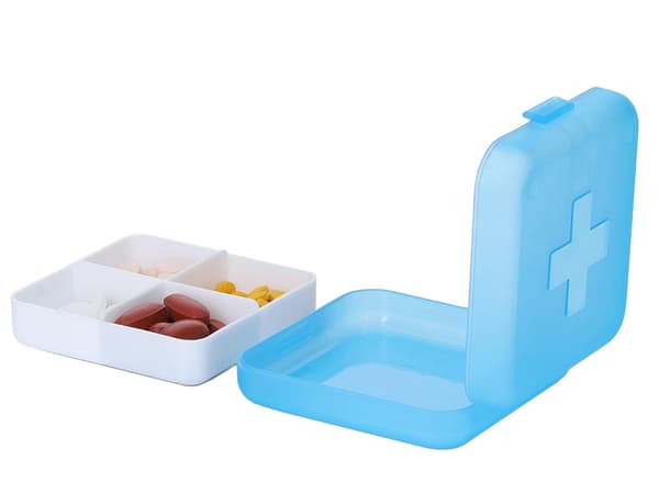 Behållare för medicin, kosttillskott, tabletter, resor, 4 fack Blue