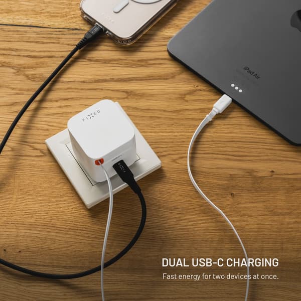 FIXED Supersnabb dubbel USB-C-laddare med utdragbar kabel 65W Vit
