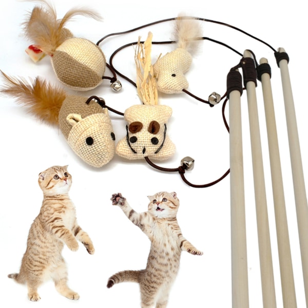 2-pak - Kattelegetøj på pind med klokke - Legetøj til kat Beige
