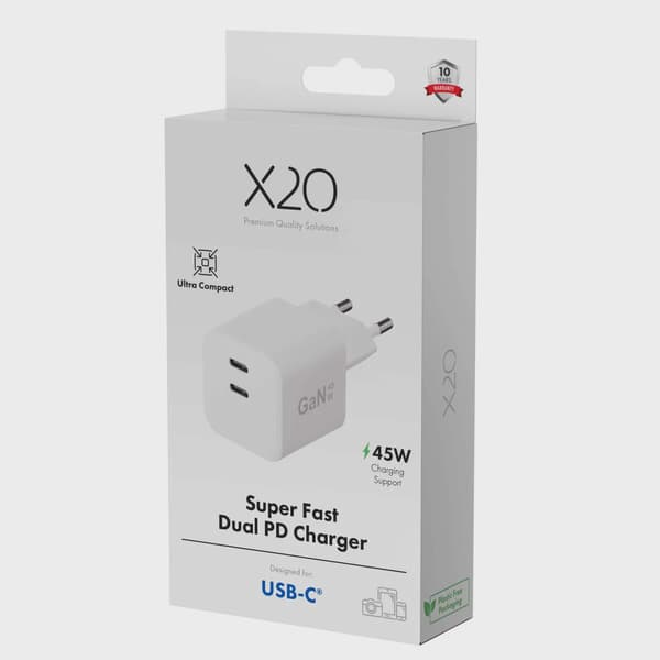 X2O 45W dubbel hemmaladdare USB-C/C GaN vit