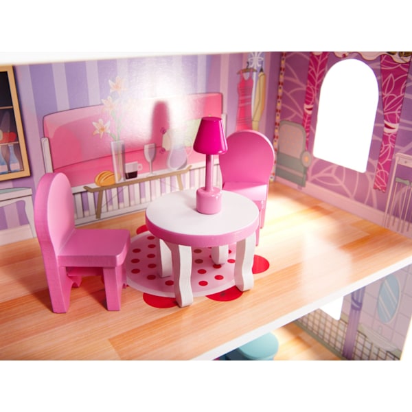 MDF-dockhus i trä + möbler 70 cm rosa LED
