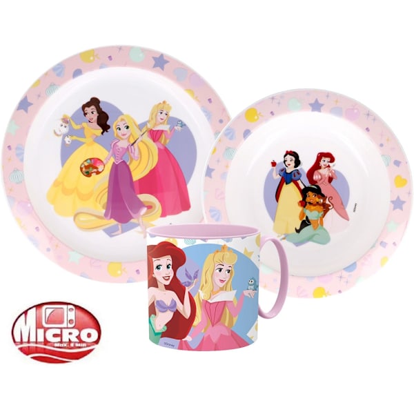 Mikrovågsugnssäkert plastservis för Disney Princess – komplett middagsset med 265 ml mugg