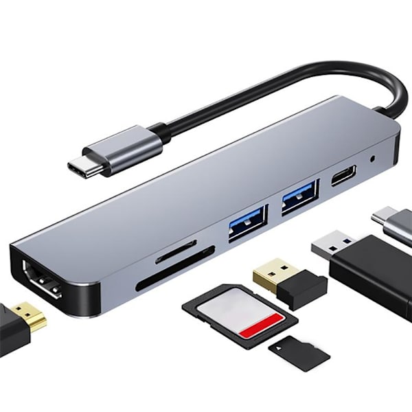 6-i-1 USB-C Hubb Adapter - HDMI, SD, TF, PD, USB 3.0 grå