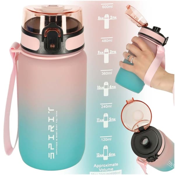 600ml Vattenflaska med Sugrör & Tidsmarkör Rosa