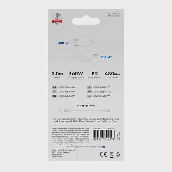 X2O Basic 60W USB-C/C-kabel 2 m vit
