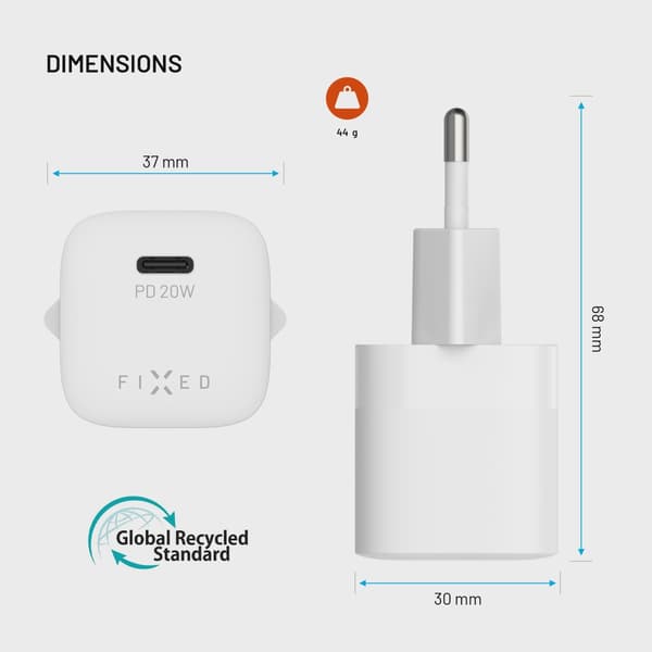 FIXED Snabb Mini Hemladdare 20W USB-C PD Vit