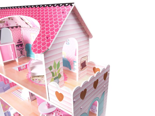 MDF-dockhus i trä + möbler 70 cm rosa LED